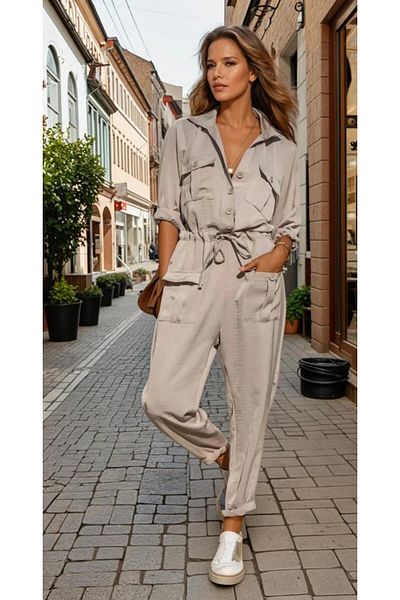 Pasaklı Giyim Women's Safari Long Sleeve Waist Lace up Buttoned Pocket Jumpsuit Stone 3164450