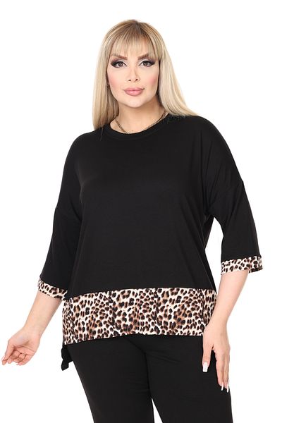 MELSAY Women's Black Leopard Detailed Elastic Waist Large Size Top and Bottom Set