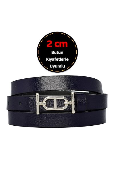 GoDeri 100% Genuine Leather, Silver Color Buckle Thin 2 cm Navy Blue Women's Dress, Trouser Belt; Tt+Tt