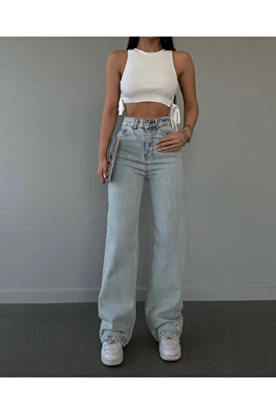 aideen Peren Milano Cindy Pantaloni de damă din denim albastru deschis, cu cruce, cu pantaloni largi talie înaltă