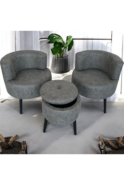 Edam Gri Nubuk Kumaş Çay Seti İkili Koltuk Berjer ve Sandık Puf Takımı (Salon...