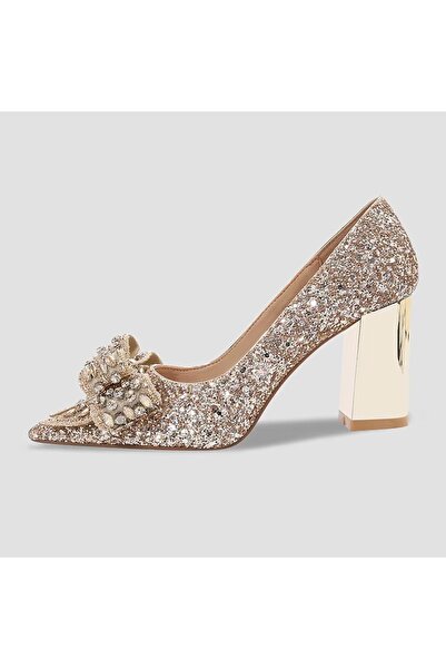 TrendyAnka Lady Altın Gold Nude Şeffaf Kristal Fiyonk Taşlı Stiletto 9Cm Topuklu Düğün Nişan Abiye Ayakkabı