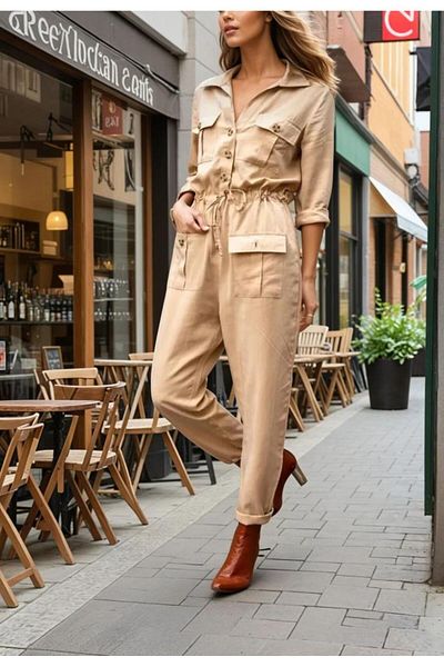 Pasaklı Giyim Women's Safari Long Sleeve Waist Lace up Buttoned Pocket Jumpsuit Caramel 3164450