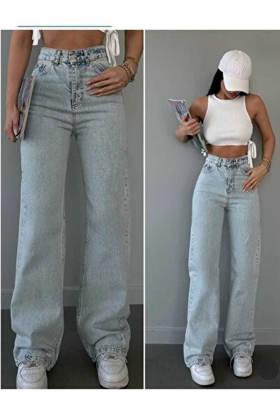 aideen Peren Milano Cindy Pantaloni de damă din denim albastru deschis, cu cruce, cu pantaloni largi talie înaltă