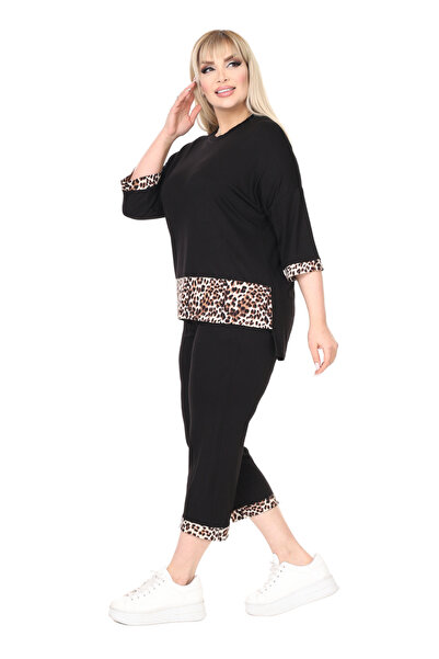 MELSAY Women's Black Leopard Detailed Elastic Waist Large Size Top and Bottom Set