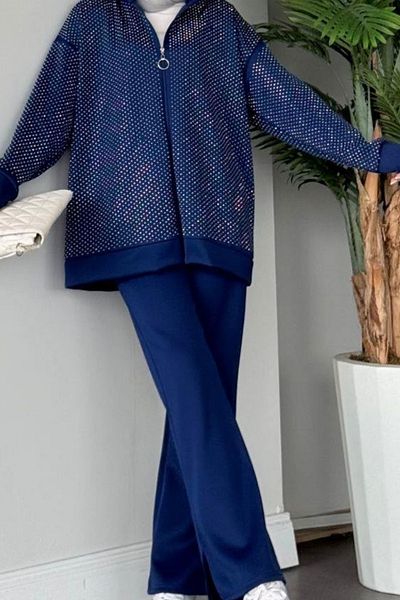 Tanos All Stone Detailed Large Size Comfortable Fit Hijab Pants Cardigan Double Set