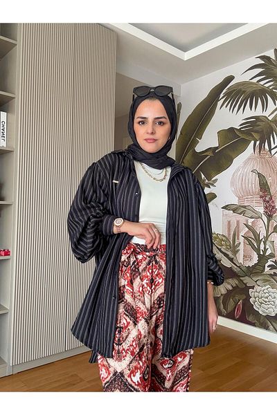 Aselim Hijap Moda Ρίγες Βαμβακερό Λινό - Μαύρο Σετ
