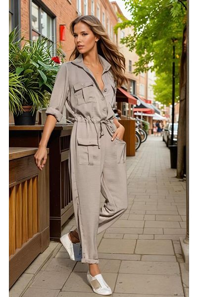 Pasaklı Giyim Women's Safari Long Sleeve Waist Lace up Buttoned Pocket Jumpsuit Stone 3164450