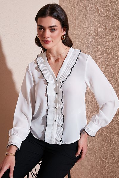 Lela Standard Fit V-Neck Ruffle Long Sleeve Shirt Shirt 611Go00341