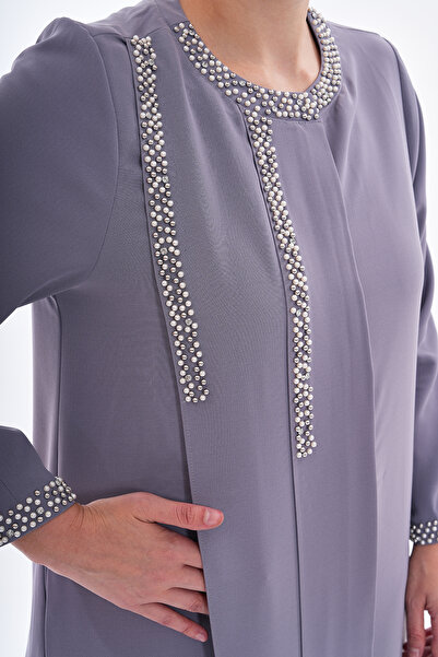 GigiTex Grey Crepe Ferace - Wedding Dress with Pearls and Pockets Plus Size 44-50