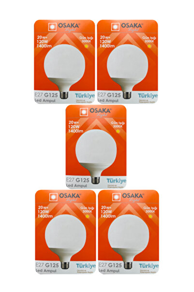 Osaka (5 Adet) 20W (120W) 3000K (Sarı Işık) E27 Duylu (Kalın Duy) Glop Led Ampul