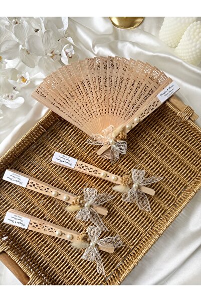 Gami Handmade Dantel Kurdele Süslemeli İnci Detaylı Ahşap Yelpaze - Nişan, Ni...