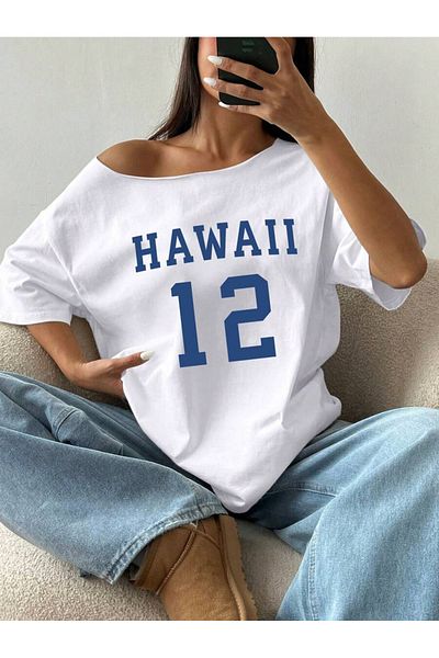 AMMA Boat Neck Hawaii Printed Oversize 100% Cotton T-Shirt