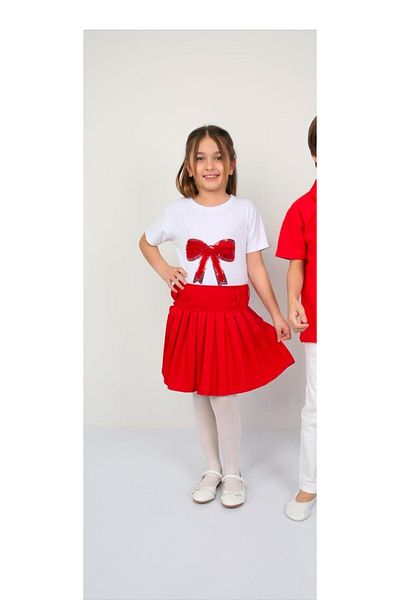 ümitteks iş ve okul kıyafetleri 23 April Clothes Show Clothes Girl Tooling Linen Pleated Skirt with Laselli Combed Cotton Badi