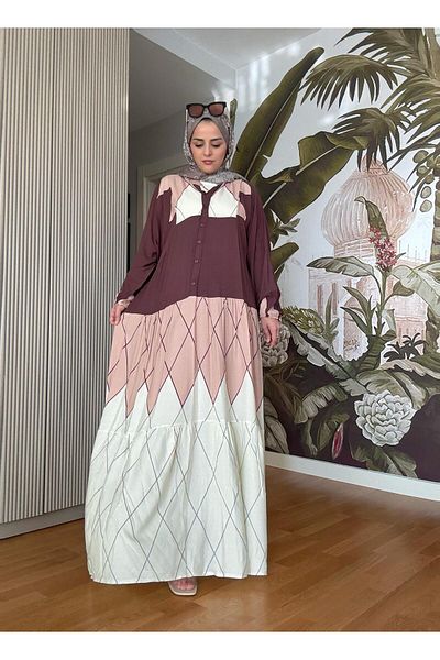 Aselim Hijap Moda Μπεζ-καφέ βαμβακερό φόρεμα με κουμπιά βισκόζης
