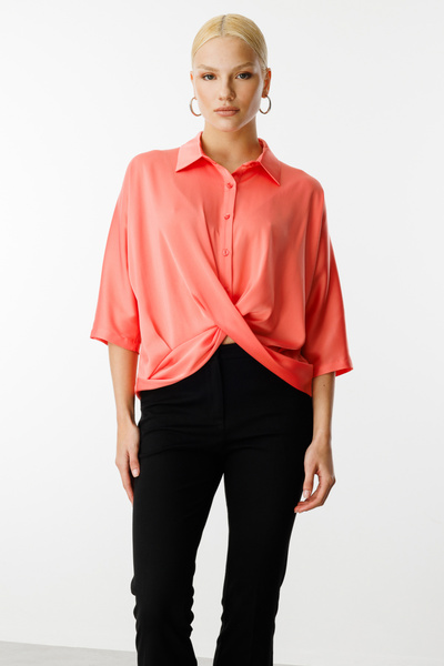 Ekol Gömlek Yaka Somon Kadın Saten Bluz 25YEKL03040