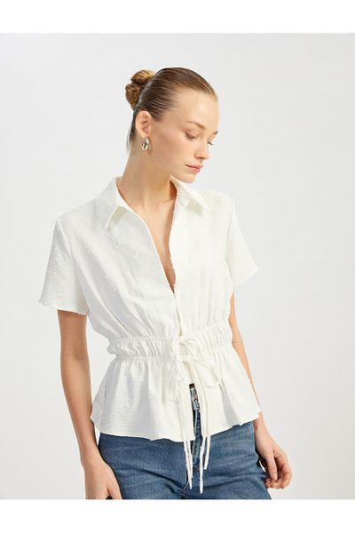 Koton Front Tie Gathered Bow Detailed Short Sleeve Shirt Collar Blouse