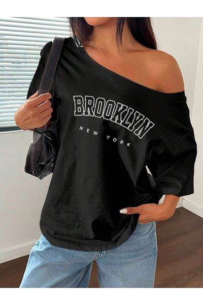 AMMA Women's Boat Neck Brooklyn Printed Oversize 100% Cotton T-Shirt