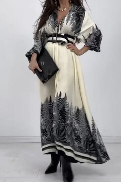 AYASOFYA OTANTIK Rochie cămașă lungă cu imprimeu cu design negru pentru femei, cu detaliu de curea