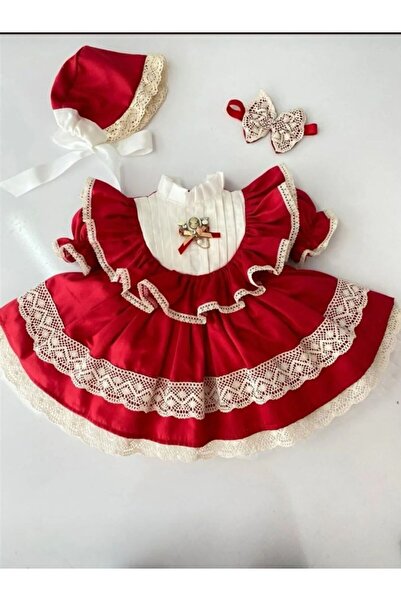 Linarookids Kırmızı Nervürlü Vintage Kız Bebek Elbisesi,Doğum günü,fotoğraf ç...