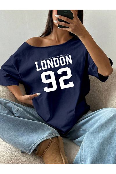 AMMA Women's Boat Neck London Printed Oversize 100% Cotton T-Shirt