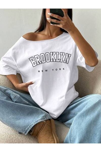 AMMA Γυναικείο μπλουζάκι με λαιμόκοψη Brooklyn με στάμπα Oversize 100% βαμβάκι