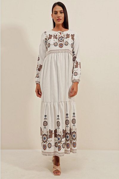 modaserdem 1947 Patterned Long Linen Dress - Y. Brown