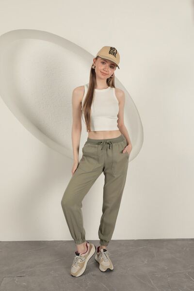 Cream Gabardine Fabric Women's Trousers with Elastic Legs-Khaki