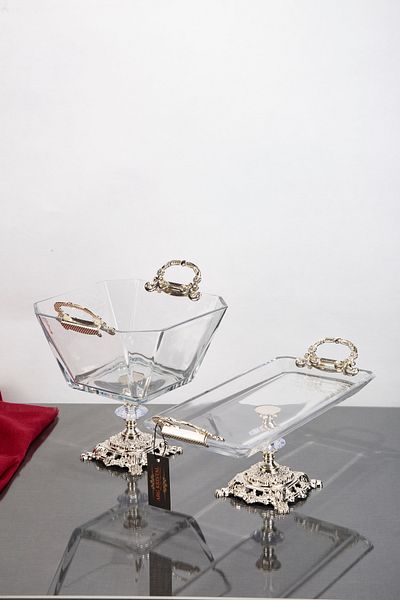 ARGKRİSTAL Silver Detailed Metal Leg Luxury Set 19X19X21 Square and 34X14X16