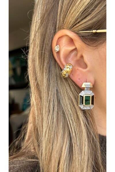 illys Gold Green Baguette and White Zircon Stone Brand Model Earrings