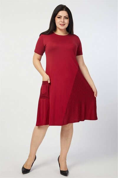 Mia Butik Plus Size Burgundy Diagonal Pocket Striped Dress