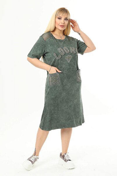Mia Butik Plus Size Khaki Shoulder Mesh Detailed Dress