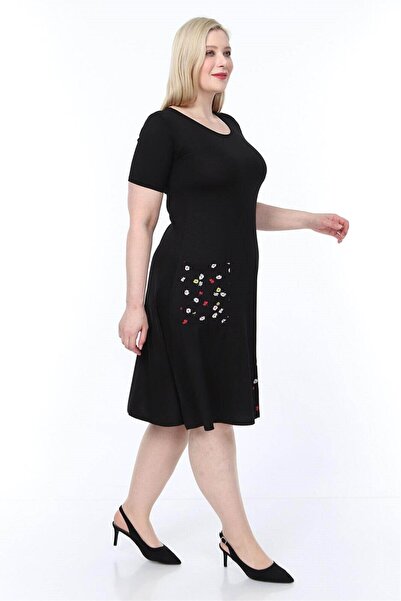 Mia Butik Plus Size Black Daisy Cross Pocket Dress