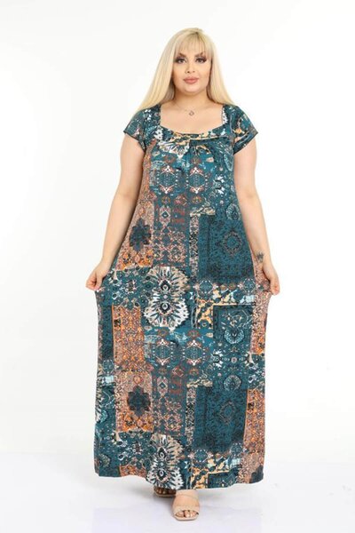 Mia Butik Plus Size Dark Turquoise Ethnic Pattern Rope Detailed Long Dress