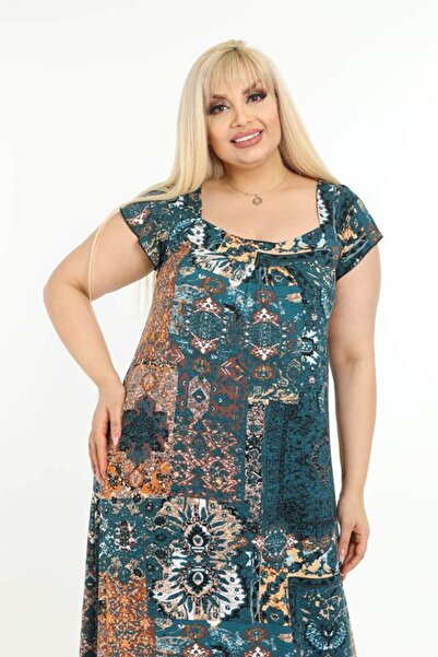 Mia Butik Plus Size Dark Turquoise Ethnic Pattern Rope Detailed Long Dress