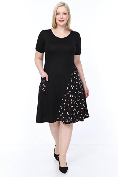 Mia Butik Plus Size Black Daisy Cross Pocket Dress