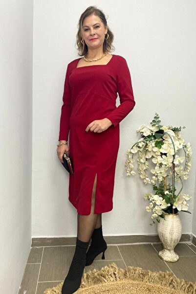 Mia Butik Women's Red Square Neck Dress