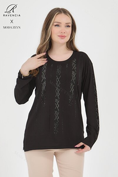 Ravencia بلوزة نسائية من القطن الممشط من الفسكوز بخط مستقيم ومطرزة بحجر ليكرا...