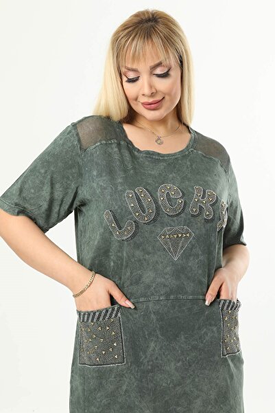 Mia Butik Plus Size Khaki Shoulder Mesh Detailed Dress