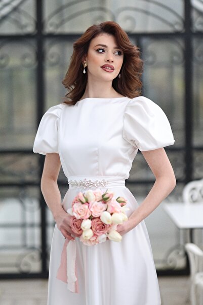 AYŞEYAMAÇLI KADIN BEYAZ KAYIK YAKA KEMER TOKASI DETAYLI İSABEL ELBİSE