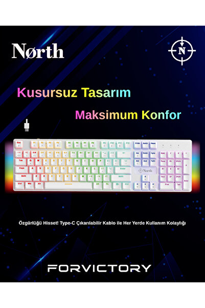North Shield White RED Switch Türkçe Q Rgb Full Metal Panel Mekanik Beyaz Gaming Klavye