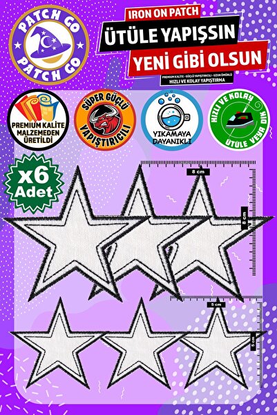 Patch Go Ütü ile Yapışan Arma, Beyaz Yıldız (6 Adet), Ütüyle Yapışan Nakış Do...