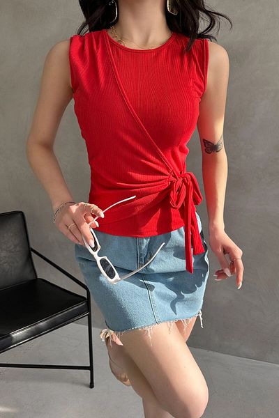 bacc Women's Red Strappy Front Double Breasted Tie Blouse Bcdf- 252180