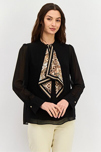 Calvin Klein بلوزة سادة بأكمام طويلة ورقبة مربوطة للنساء، أسود