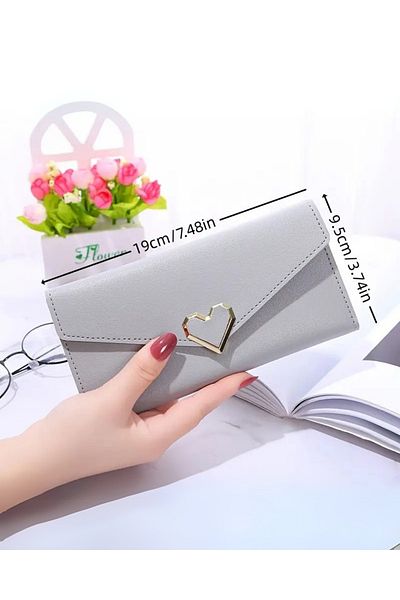 DOODLE Heart Embellished Long Wallet, Three Fold Coin and Credit Card Compartments, Casual, Faux Leather