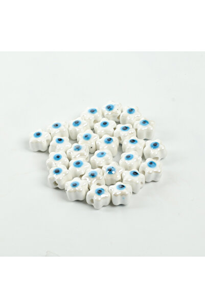 yfhobi 1 Adet - 11 mm Çiçek Nazar Desenli Porselen Boncuk, Beyaz Renk Porsele...