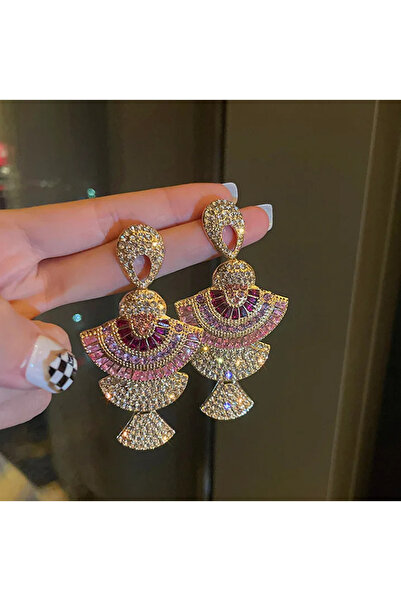 Choice أقراط متدلية ذهبية على شكل هندسي على طراز الباروك العتيق للنساء من الكريستال الوردي أقراط متدلية لحفلات الزفاف