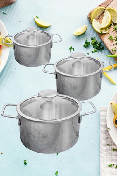 Hyd Mini Glass Lid Cookware Set - Cooking Pot in Sizes 19X8 17X7 and 15X6 cm