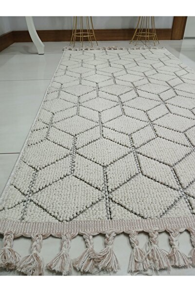 ENTİ Dekorenti Bukle 1407 krem antialerjik yıkanabilir örgü saçaklı koridor mutfak salon halı