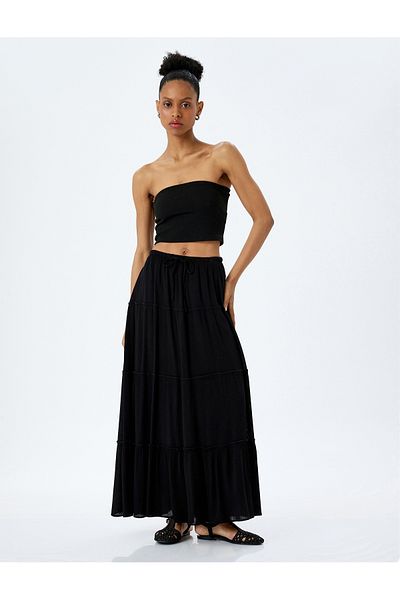Koton New Season Lined Layered Elasticated Flared Long Skirt with Tie at Waist